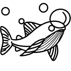 hand drawn fish. Coloring book page for adult. Underwater seabed with algae and corals, line art design and fish.