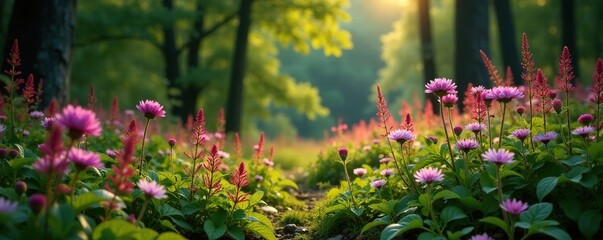 Asters and astilbe flowers in a mountainous forest, autumn color, nature scene, forest floor