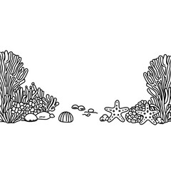 abstract floral background. Coloring book page for adult. Underwater seabed with algae and corals, line art design and fish.