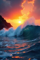 Fototapeta premium Sunrise over powerful breaking waves, dynamic scene , beautiful, natural, breaking