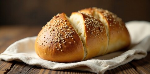 Multigrain seed bread roll on a linen tablecloth, bread loaf, rustic background, baked goods