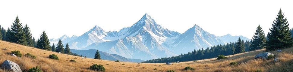 Fototapeta premium Mountain range with rugged terrain and pine trees isolated on a vast white background, serenity, highlands, scenery