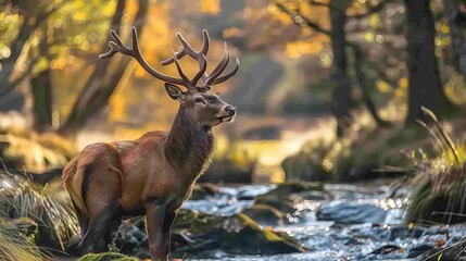 A majestic deer with large antlers stands gracefully in a peaceful forest stream, surrounded by vibrant greenery and soft sunlight filtering through the dense tree canopy above.