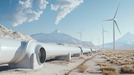 Hydrogen pipeline with wind turbines in the background