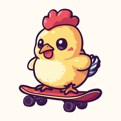 Cute Chicken Playing Skateboard Vector Illustration