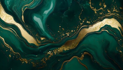 Abstract deep dark-green marble texture with gold splashes, emerald luxury background