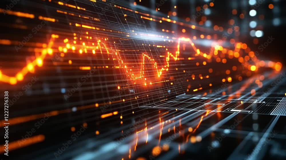 Poster dynamic digital financial chart with glowing data points and lines displaying market trends