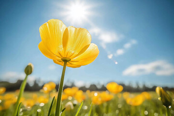 Fototapeta premium Bright yellow flowers blooming under a clear blue sky, with sunlight illuminating a vibrant field