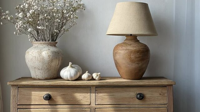 Cozy interior scene with rustic decor, featuring vases, lamp, and garlic