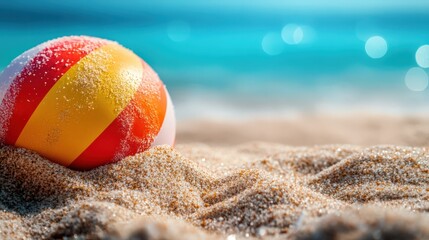 A beach ball is sitting on the sand