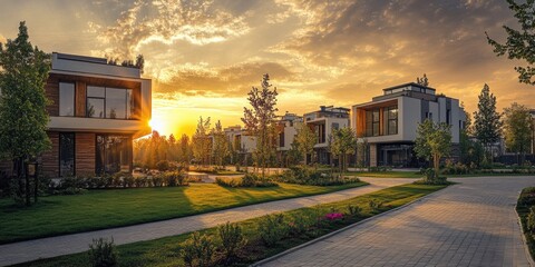 Obraz premium Sunset over row of houses