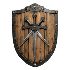 Fototapeta premium Rustic oval-shaped wooden shield with steel reinforcements and three crossed swords, isolated on a transparent background. Perfect for medieval, historical, and warrior themes