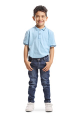 Full length portrait of a kid in blue t-shirt and jeans
