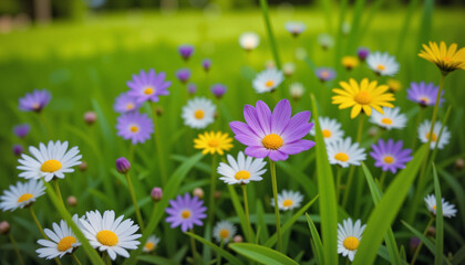 Fototapeta premium Close-up view of a single purple wildflower among multicolored blooms in a lush green meadow
