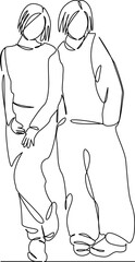 One continuous single drawing line art flat doodle friendship, two people, happiness, female friendship, togetherness, young. Isolated image hand draw contour on a white background, hand drawn, not AI