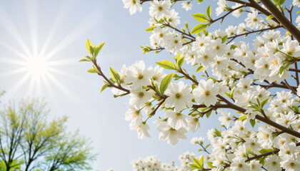 Fototapeta premium Blooming tree branch with white flowers illuminated by sunlight, gentle breeze effect