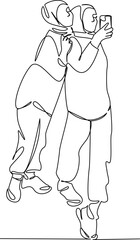 One continuous single drawing line art flat doodle islam, unity, young women, communication, photo, wireless technologies. Isolated image hand draw contour on a white background, hand drawn, not AI