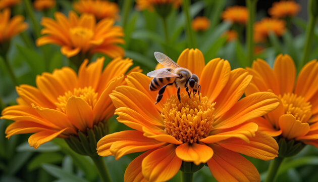 Bee resting on bright orange marigold flower in a vibrant garden setting