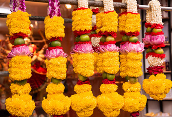 Flower garlands for sale, Buddism religious decorations in Thailand