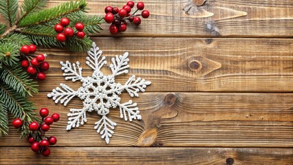 Winter wooden decorative item with snowflakes and berries, festive, wood,  festive
