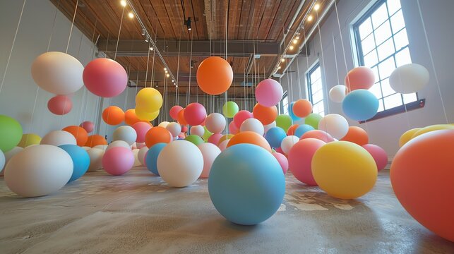 A large room filled with colorful balloons. The balloons are all different sizes and colors, and they are floating at different heights. - Powered by Adobe