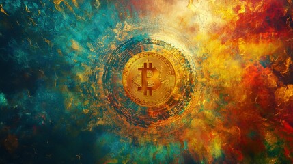 A colorful abstract painting with a large gold coin in the center