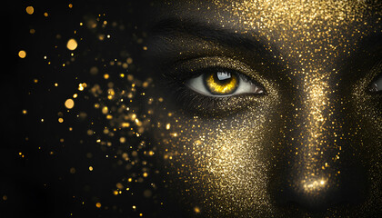 Golden glitter dust sparkles on a black background, symbolizing luxury and celebration of various festive events
