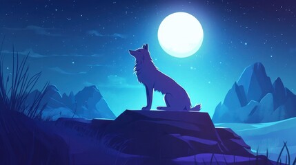 Lone Wolf Howling Under a Bright Moonlit Night Sky