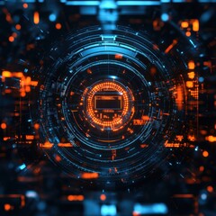 Obraz premium A computer monitor is displayed in a circle of bright orange and blue lights