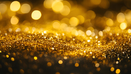 Golden glitter dust sparkles on a black background, symbolizing luxury and celebration of various festive events