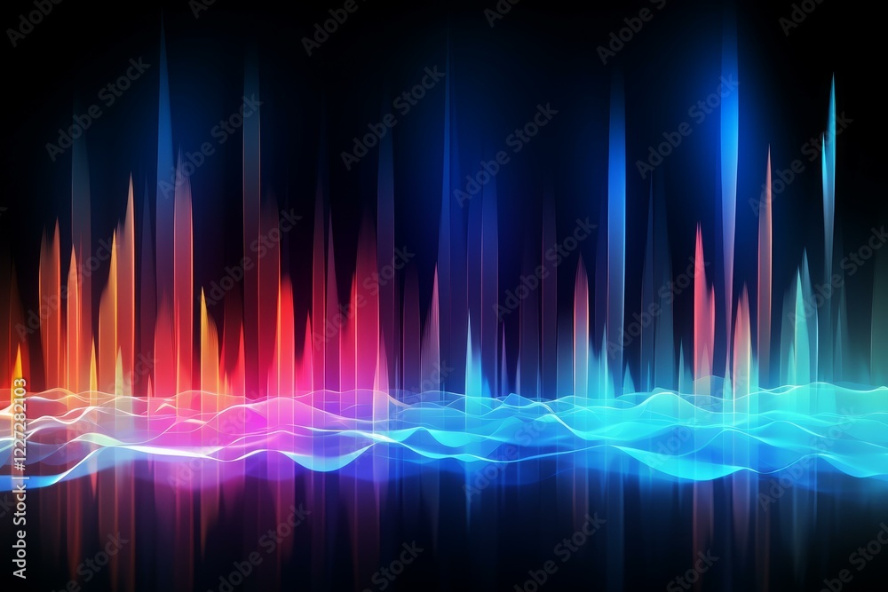 Poster glowing colorful audio waves reflecting on a dark background, creating a vibrant and dynamic visual 