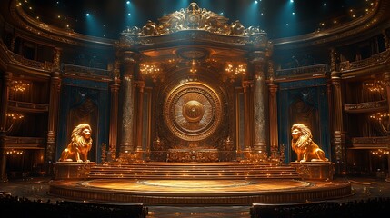 Royal stag golden fur grand architecture lion statues visuals image