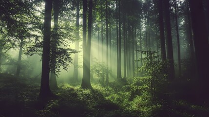 Obraz premium Tranquil forest bathed in soft sunlight, earthy tones blending harmoniously, evoking peace and natural serenity.