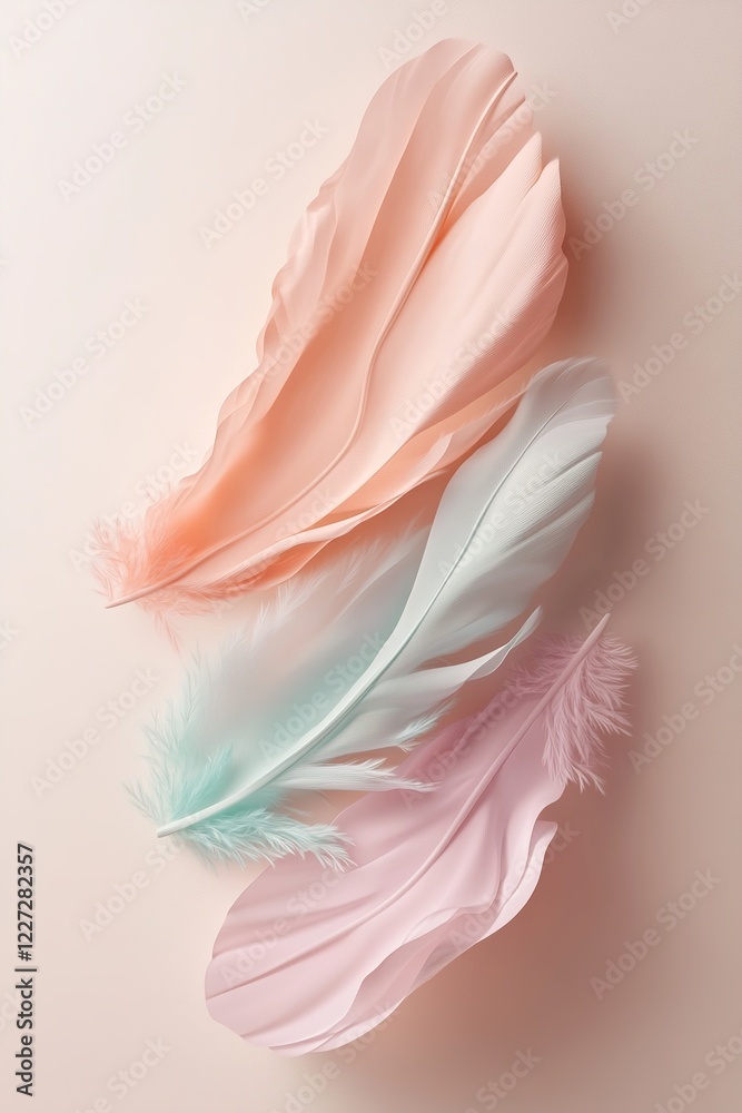 Poster delicate abstract forms resembling feathers are displayed in soft pastel colors, creating an elegant
