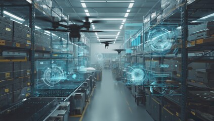 Futuristic warehouse featuring advanced automation and drones scanning and managing inventory, enhancing efficiency and logistics within a modern supply chain environment