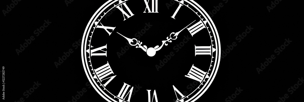 Poster Classic clock face with Roman numerals displaying precise time against a contrasting black background. Generative AI