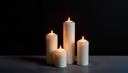 Group of varying height white candles creating a serene ambiance on minimalist table in dark space