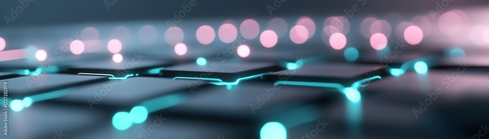 Poster abstract glowing circuit patterns blend harmoniously across a modern keyboard, creating a vibrant vi
