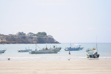 Obraz premium A group of fishing boats are anchored in a calm bay. The beach is sandy and there are a few small buildings on a hill in the background.