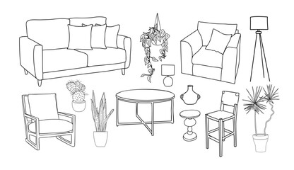 Collection of elegant modern living room furniture, home interior decorations of trendy Scandinavian or hygge style hand drawn vector illustration with black contour lines on white background. 