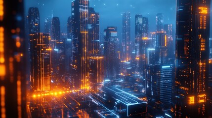 Fototapeta premium A cityscape with tall buildings and bright lights