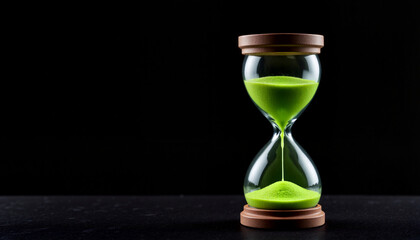 Minimalist hourglass filled with green sand on black background symbolizing Earth Hour