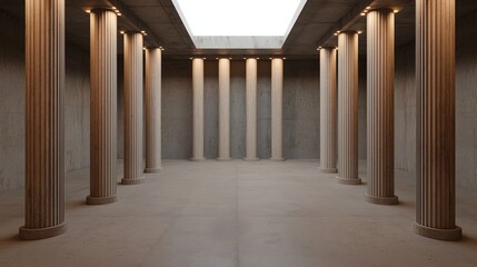 A spacious interior featuring tall columns and a minimalist design, illuminated by natural light...