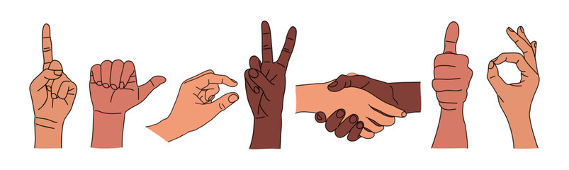 Different hand gestures set. Signs, expressions with pointing finger. OK symbol, handshake, touching. Flat vector illustrations isolated on white background.