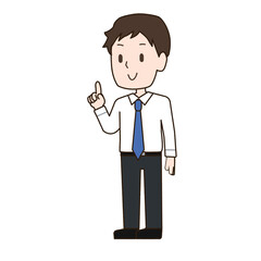 人差し指を立ててポイントのポーズをするスーツの男性