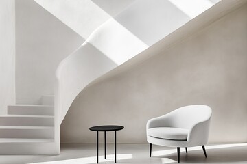 Modern minimalist interior with white chair, black table, and curved staircase