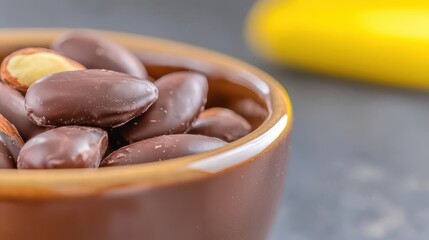 Chocolate-covered almonds in a brown bowl with a yellow banana in the background.