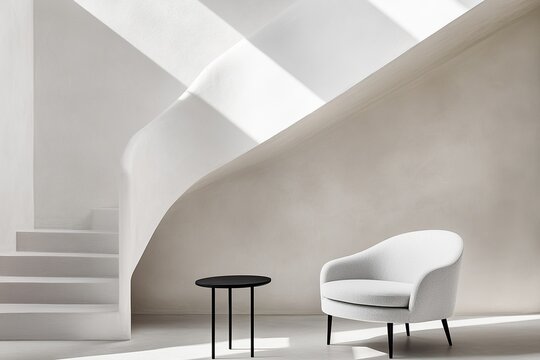 Fototapeta Modern minimalist interior with white chair, black table, and curved staircase