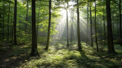 Fototapeta premium Tranquil forest bathed in soft sunlight, earthy tones blending harmoniously, evoking peace and natural serenity.