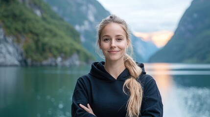 Fototapeta premium Woman smiling near fjord sunset, Norway travel
